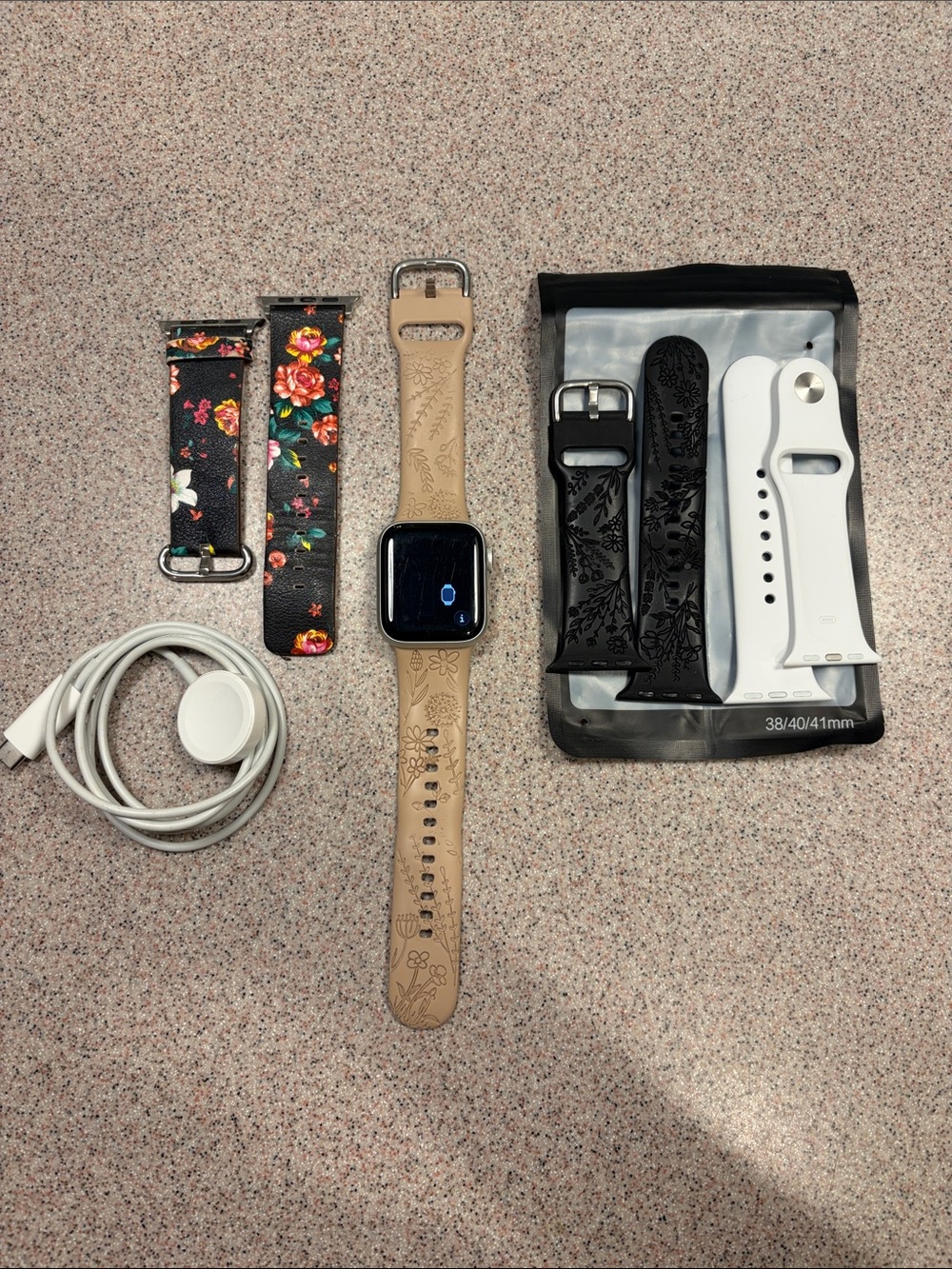 Apple Watch 40 mm with Tan Floral Silicone Band and Multiple Strap Options
